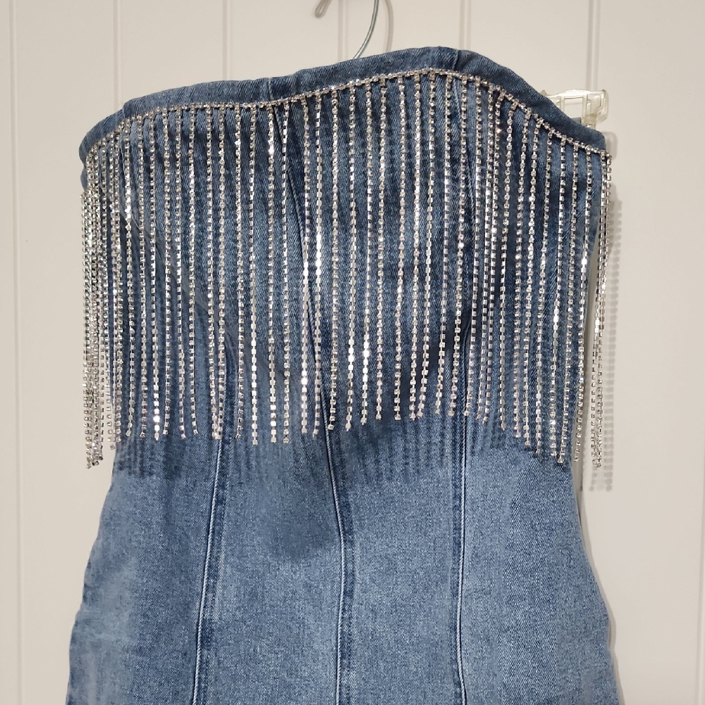 Rylie Denim Strapless Fringe Mini Dress - Picture 3 of 12